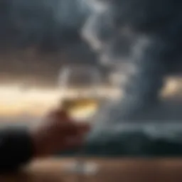 Silhouette of a person holding a glass of wine with a stormy cloud above