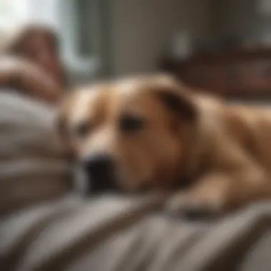 A serene dog resting beside a comforting owner