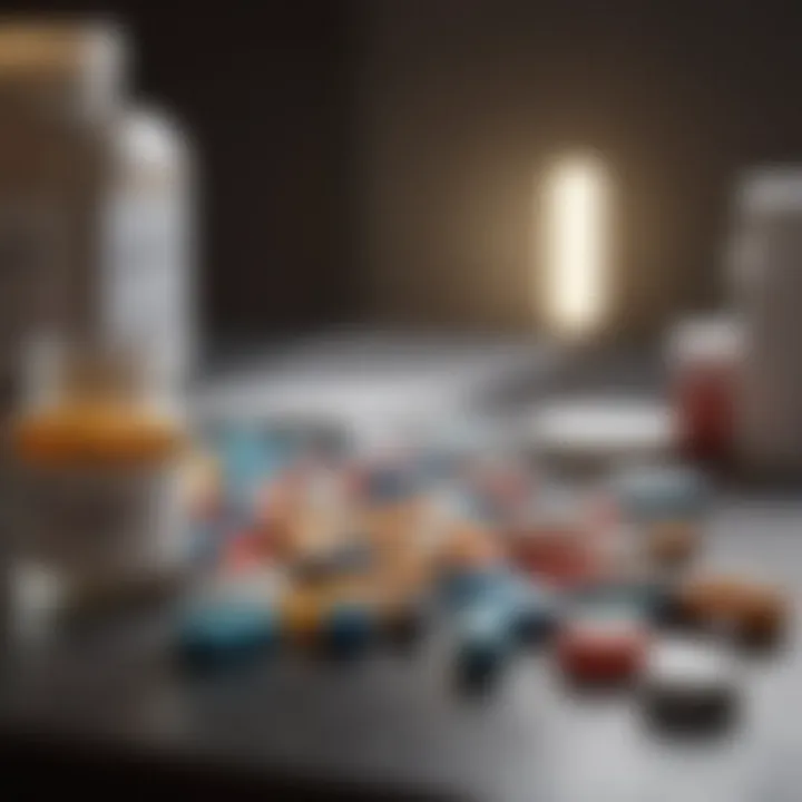 Various medication options displayed on a table