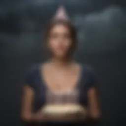 Woman surrounded by dark clouds on birthday