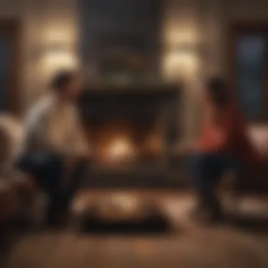 Couple engaging in deep conversation by the fireplace