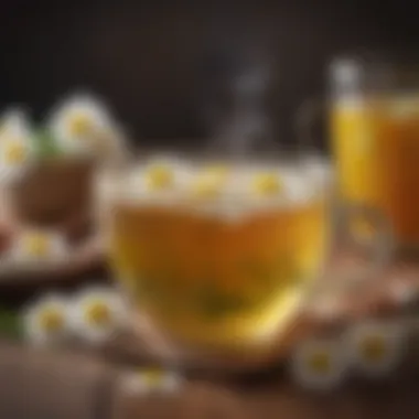 Close-up of a steaming cup of chamomile tea with chamomile flowers in the background