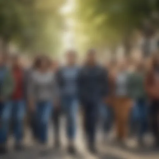 Illustration of a person walking with a group of diverse individuals in a charity walk event
