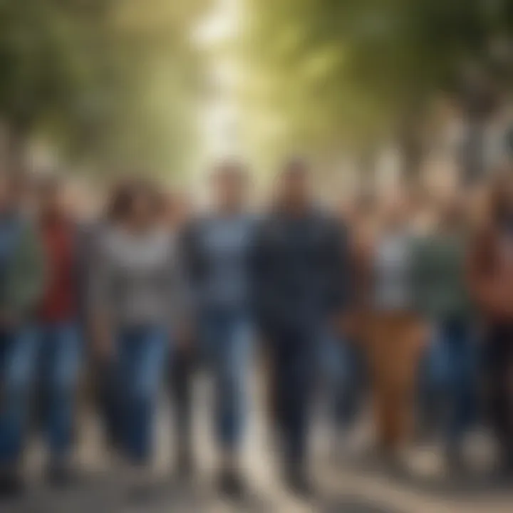 Illustration of a person walking with a group of diverse individuals in a charity walk event
