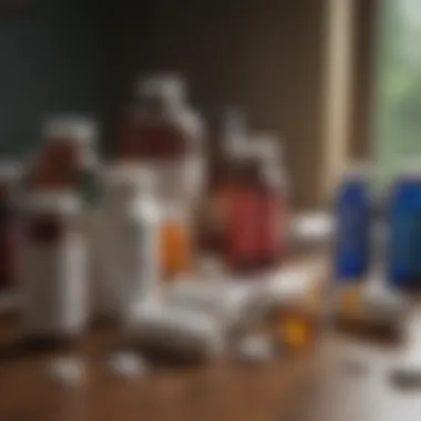 Various depression medication bottles arranged on a table