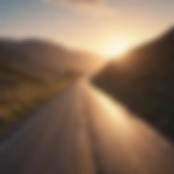 An open road leading towards a sunrise