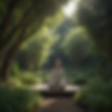 A person meditating in a peaceful garden surrounded by lush greenery