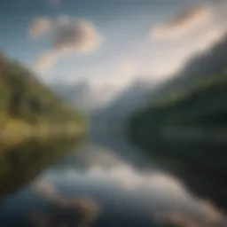 A serene landscape with gentle hills and a calm lake reflecting the sky