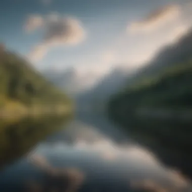 A serene landscape with gentle hills and a calm lake reflecting the sky