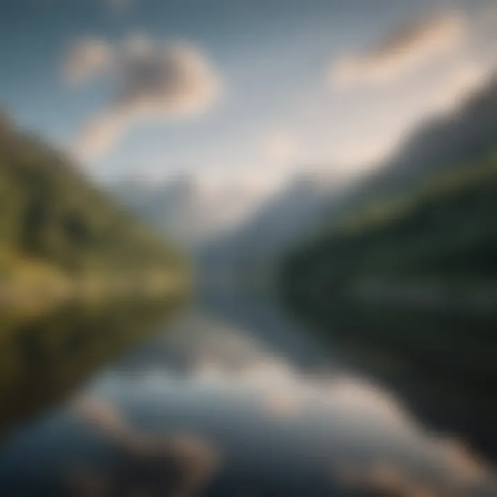 A serene landscape with gentle hills and a calm lake reflecting the sky