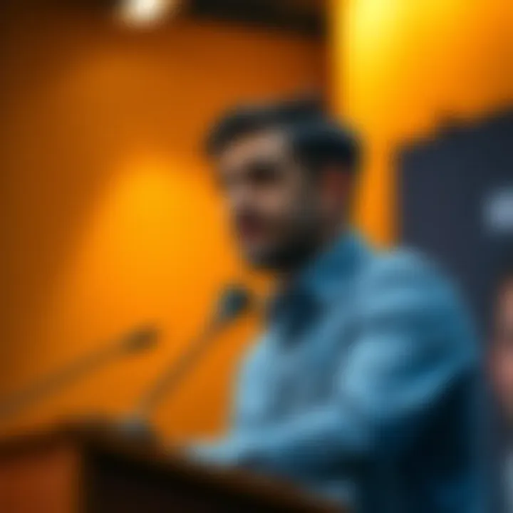 A person confidently speaking at a podium