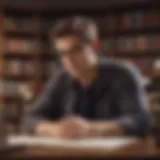 A thoughtful individual studying in a library setting