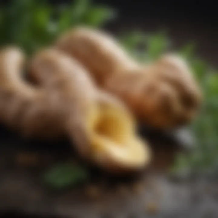 Aromatic ginger root surrounded by fresh herbs