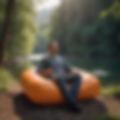 Contemplative person using inflatable meditation cushion in nature