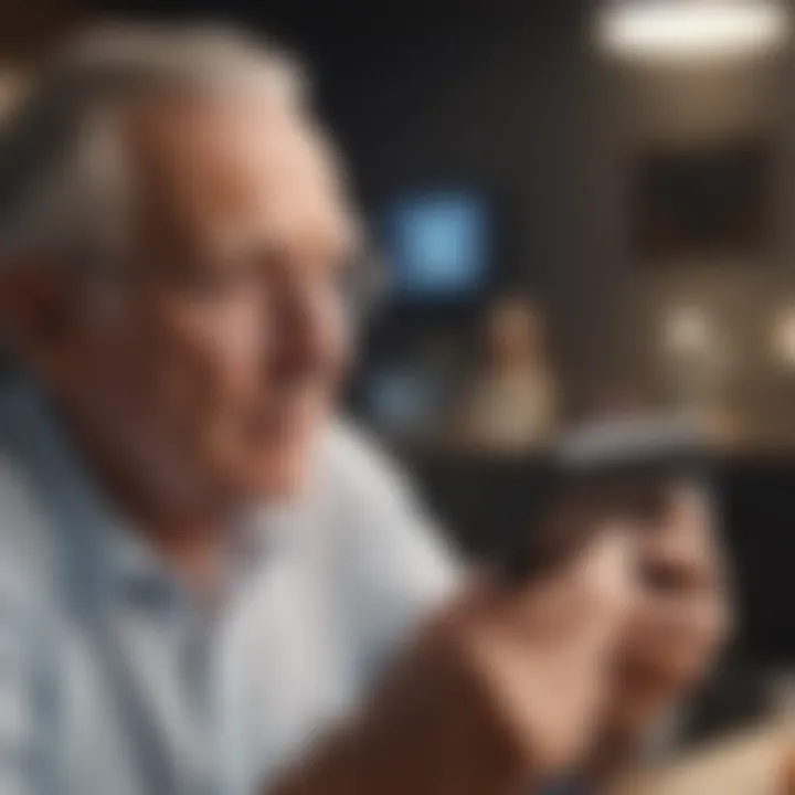 A thoughtful senior engaging with a brain test on a digital device