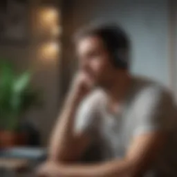 Podcast host in a contemplative pose