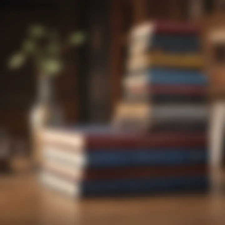 A stack of diverse books on a wooden table