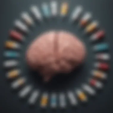 Illustration of a brain surrounded by different medication pills