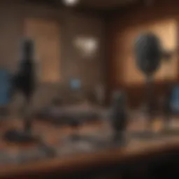 A serene podcasting studio with microphones and headphones