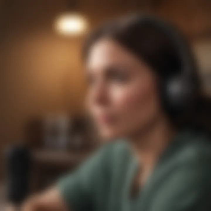 A person listening to a podcast with a thoughtful expression