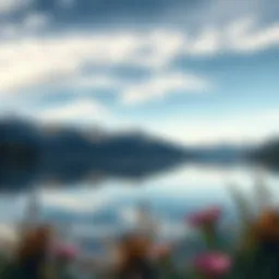 A serene landscape with mountains and a calm lake reflecting the sky