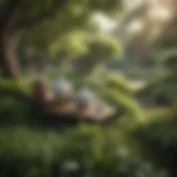 A serene tea garden with lush greenery