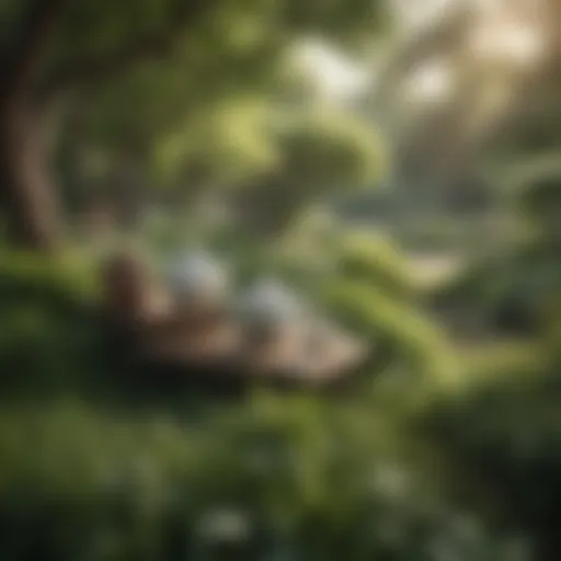 A serene tea garden with lush greenery