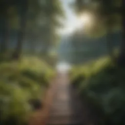 Illustration depicting a serene forest setting with a path leading towards a calm lake
