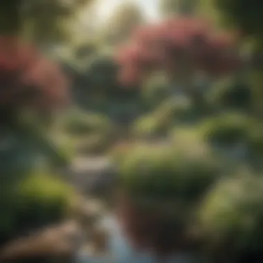 Tranquil Garden Oasis Illustration depicting a serene garden with blooming flowers and a peaceful pond