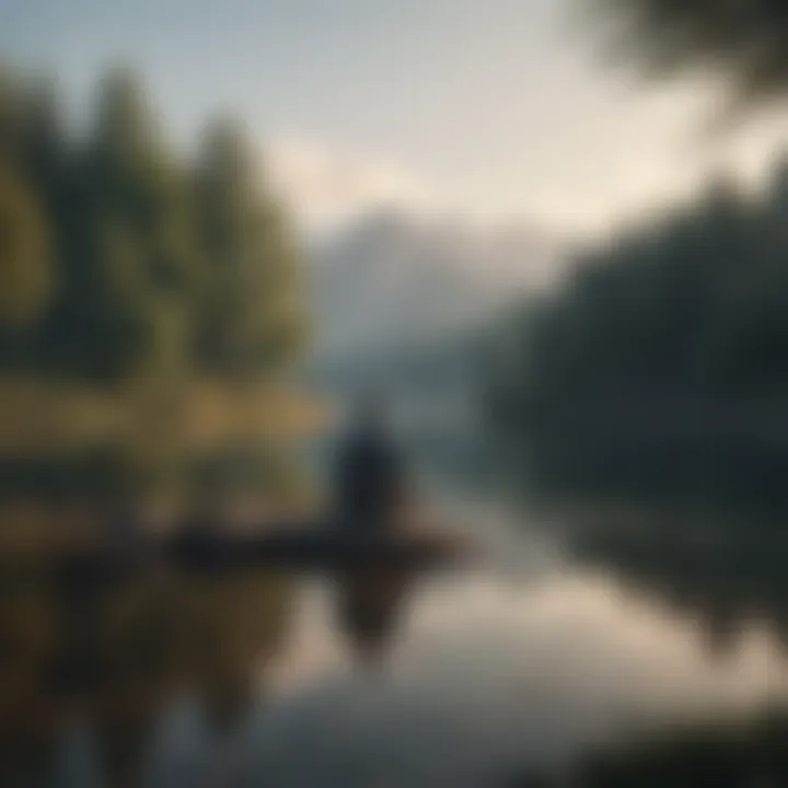 A peaceful scene of a person meditating by a calm lake