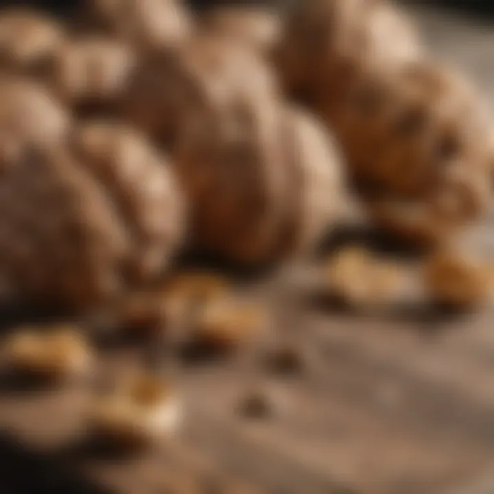 Golden walnuts on a wooden surface