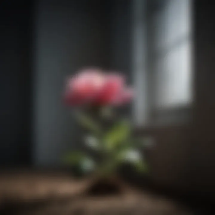 A fragile flower struggling to bloom in harsh, dimly lit surroundings