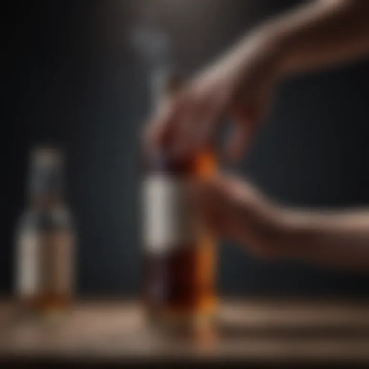 Hand reaching for a bottle of alcohol against a dark background