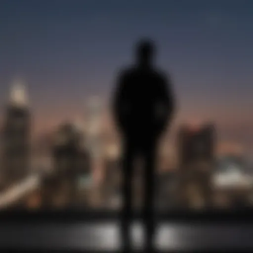 Silhouette of a person standing in front of a blurred cityscape