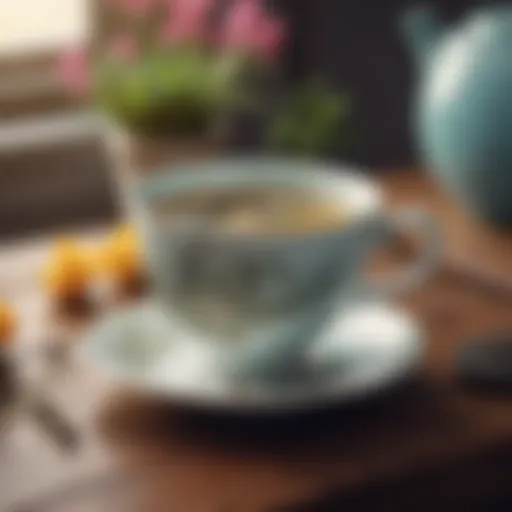 Aromatic herbal tea in a delicate porcelain cup on a wooden table