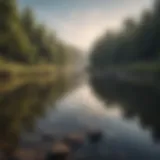 A serene landscape with a calm river reflecting the sky