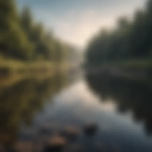 A serene landscape with a calm river reflecting the sky