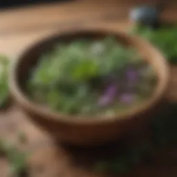 Close-up of calming herbs in a wooden bowl