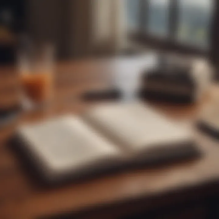 A journal and pen placed on a wooden desk, symbolizing self-reflection.