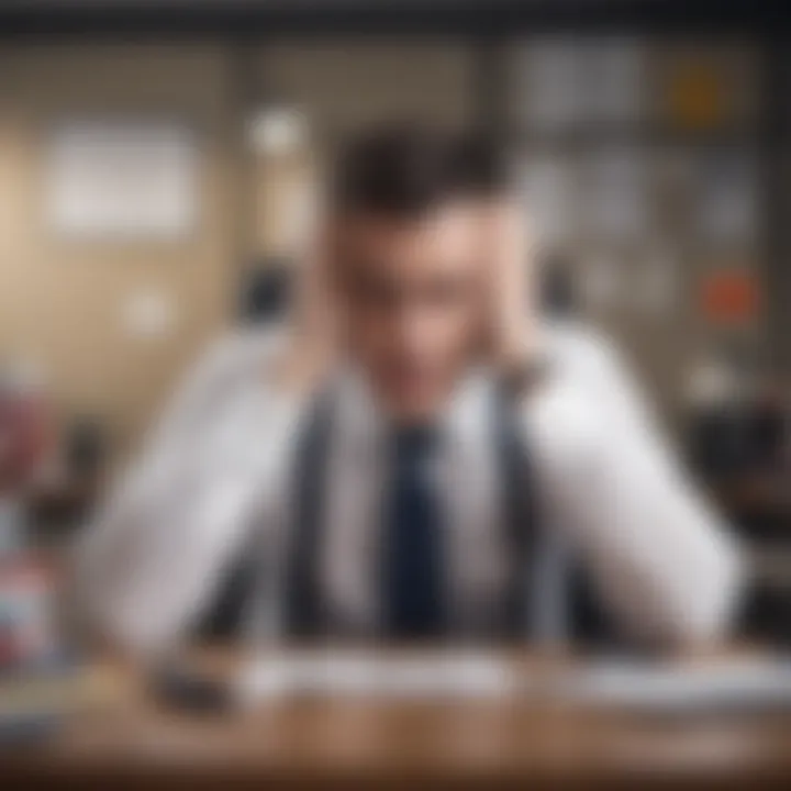 A visual representation of physical signs of stress in the workplace, like fatigue and headaches.