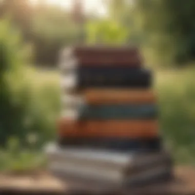 A stack of classic self-help books with nature in the background