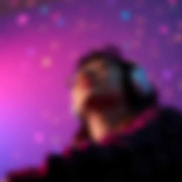 Immersion in Sound and Emotion An individual immersed in a vibrant soundscape, surrounded by colorful visuals