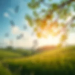 A serene landscape with musical notes floating through the air