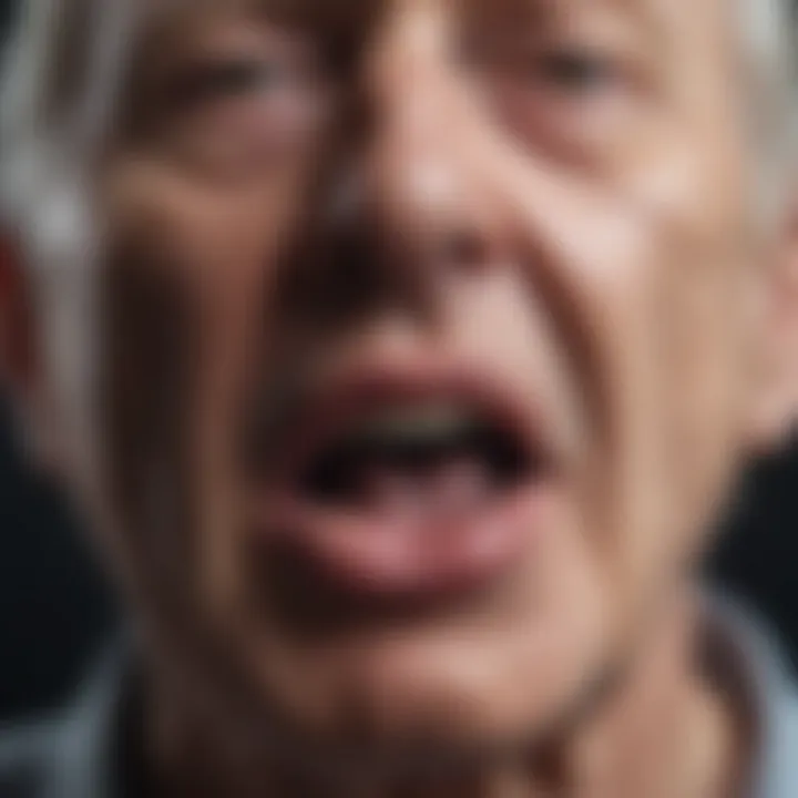 Close-up of elderly man experiencing involuntary tongue movements