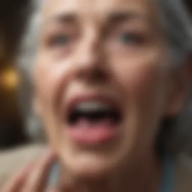 Elderly woman feeling discomfort due to tongue movements