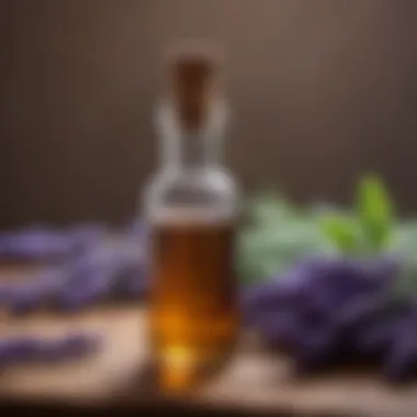 Organic Lavender Essential Oil Organic lavender essential oil in a glass bottle with herbs