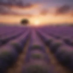 Lavender field under a serene sunset reflecting tranquility