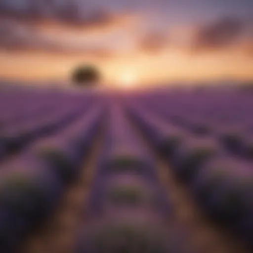Lavender field under a serene sunset reflecting tranquility