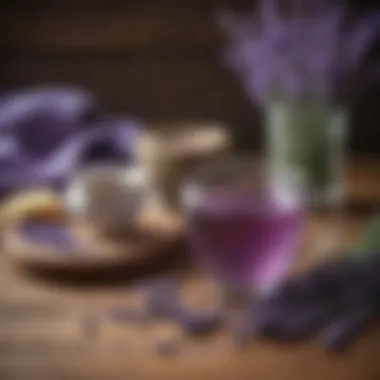 Calming tea brewed with lavender flowers on a wooden table