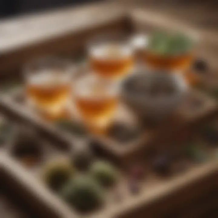 Artistic composition of assorted herbal teas on a wooden tray